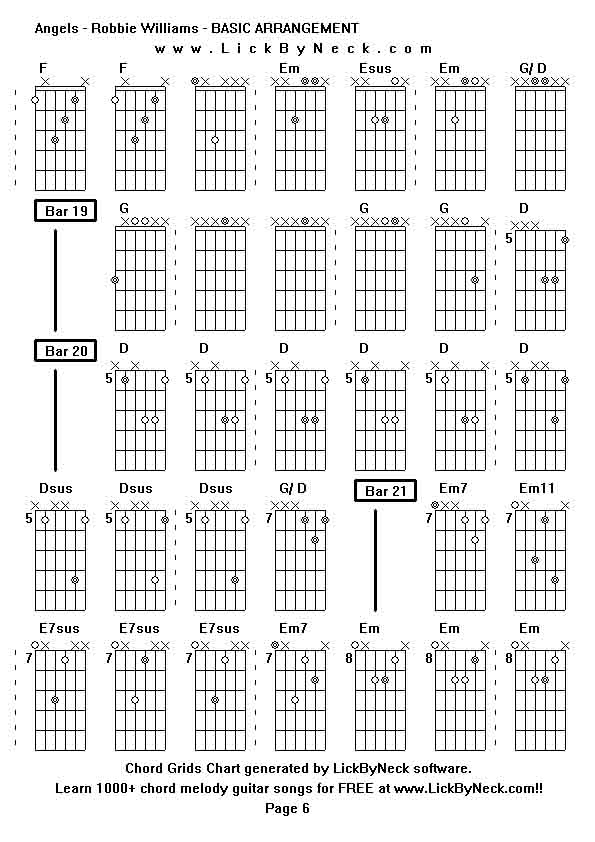 Chord Grids Chart of chord melody fingerstyle guitar song-Angels - Robbie Williams - BASIC ARRANGEMENT,generated by LickByNeck software.